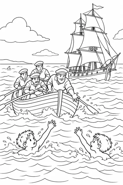 Раскраска «Матросы спасают мальчиков в море»