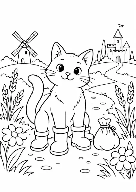 Раскраска «Кот в сапогах у замка»