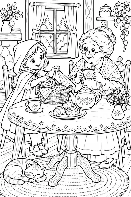 Раскраска «Бабушка и внучка пьют чай после встречи»