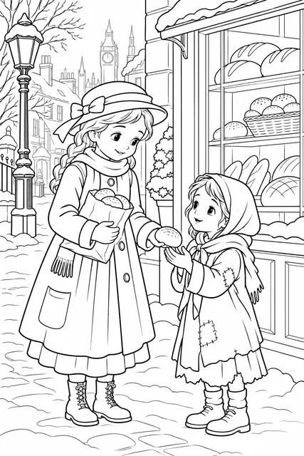 Раскраска «Сара делится хлебом с девочкой»
