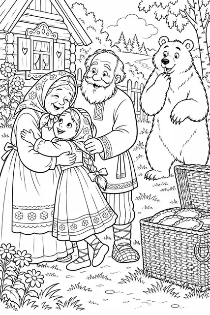 Раскраска «Бабушка и дедушка встречают Машу»