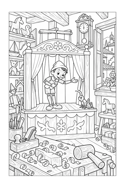 Раскраска «Пиноккио в кукольном театре»