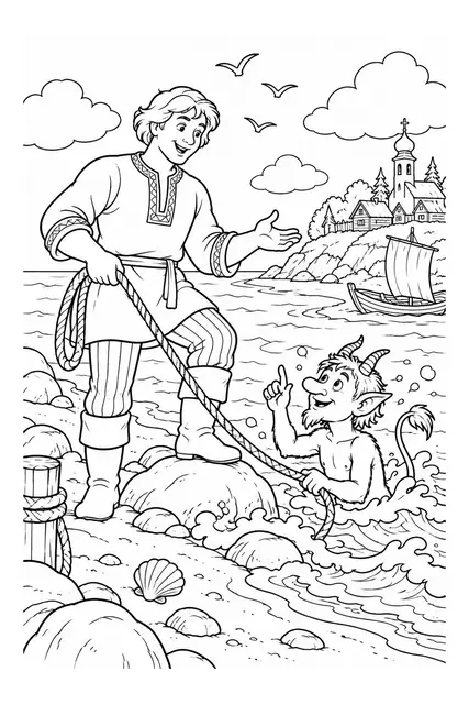 Раскраска «Балда и бесёнок у моря»