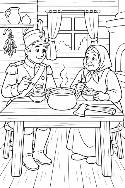 Раскраска «Солдат угощает старуху кашей»
