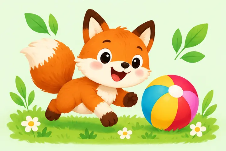 Лисёнок играет с разноцветным мячом