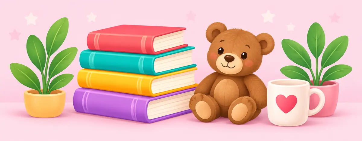 Книги, медвежонок и чашка