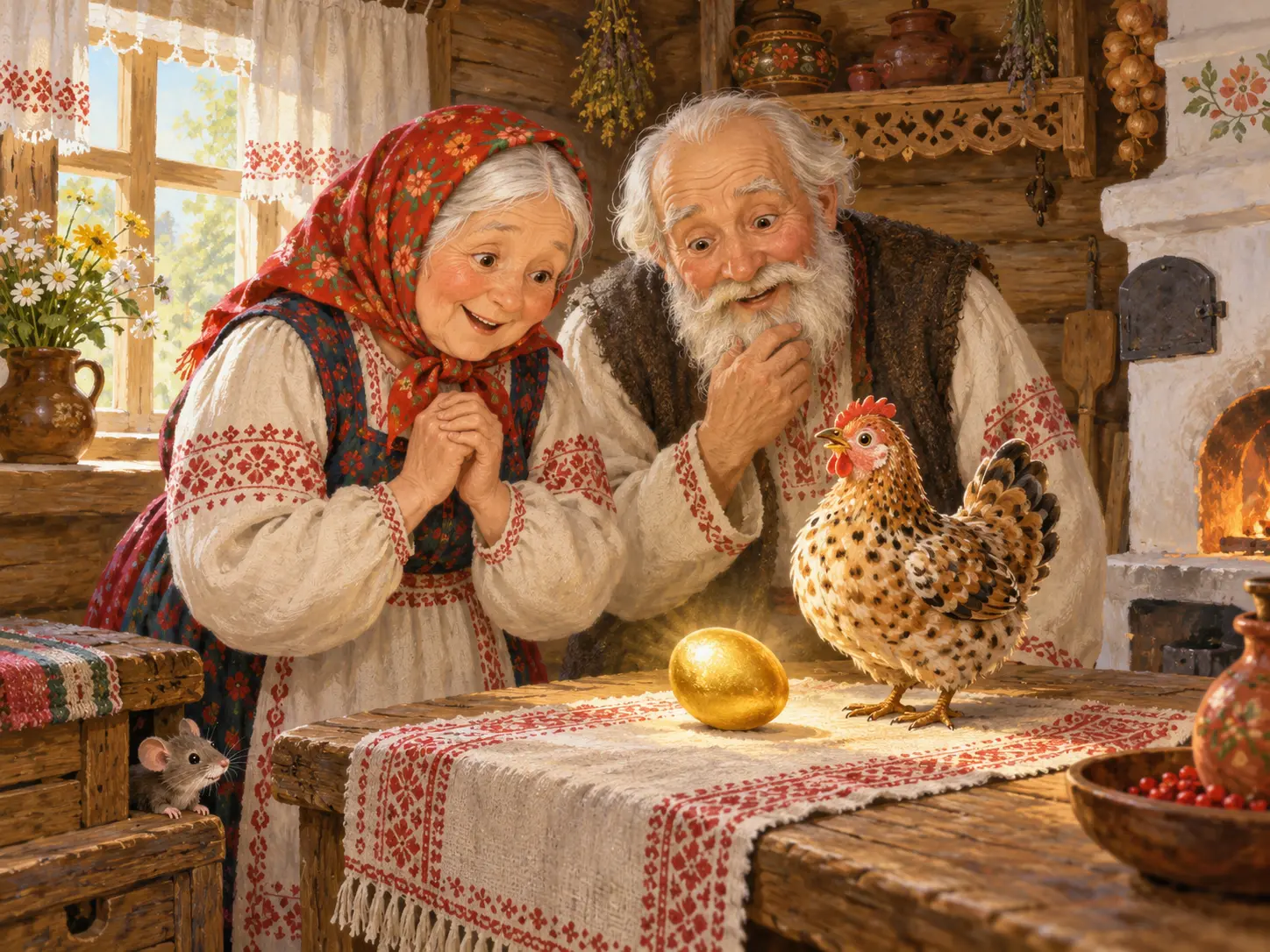 Дед и баба удивлённо смотрят на золотое яйцо рядом с Курочкой Рябой