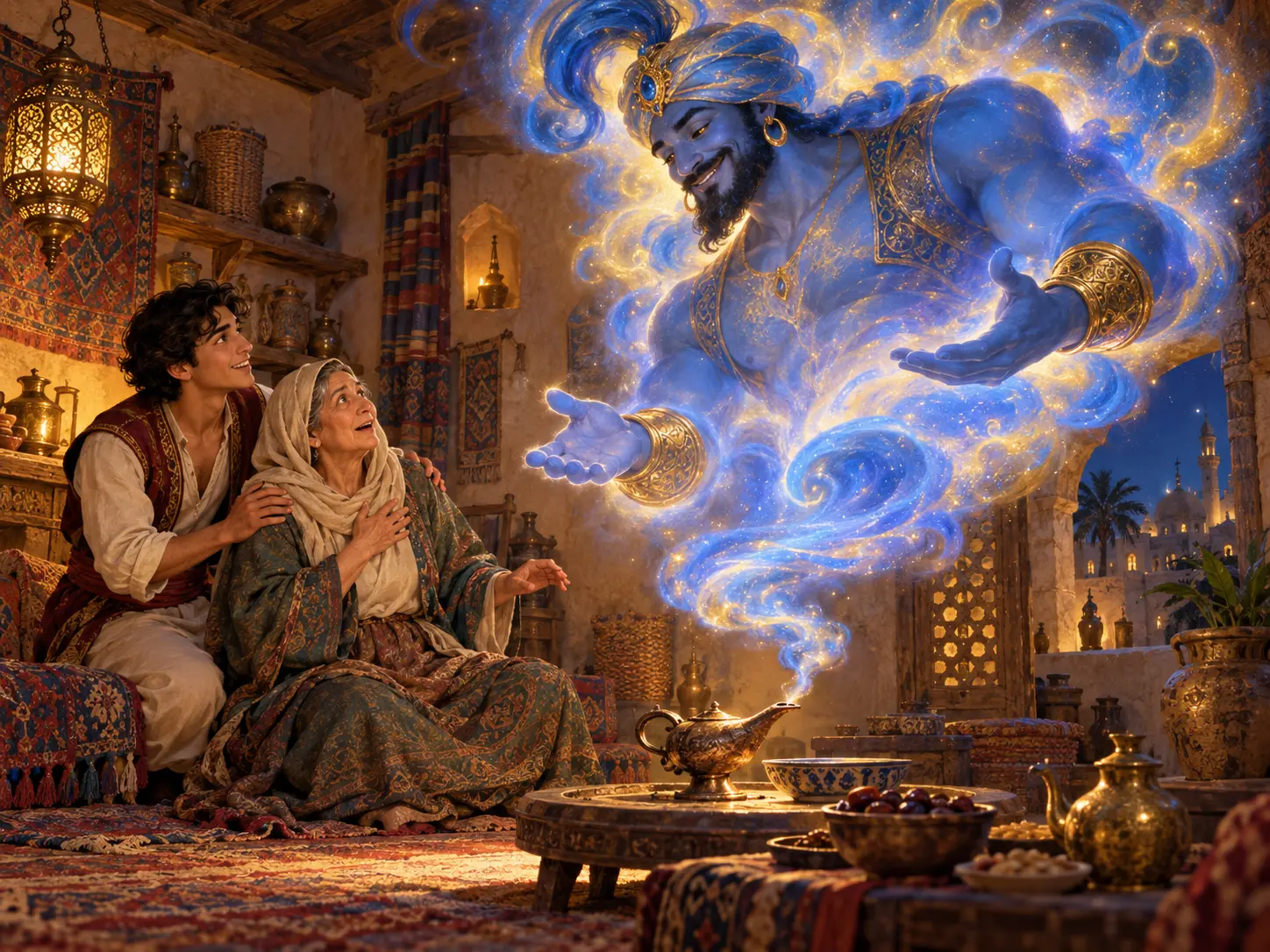 Из старой медной лампы в доме Аладдина поднимается могучий доброжелательный дух в синем и золотом дыму.