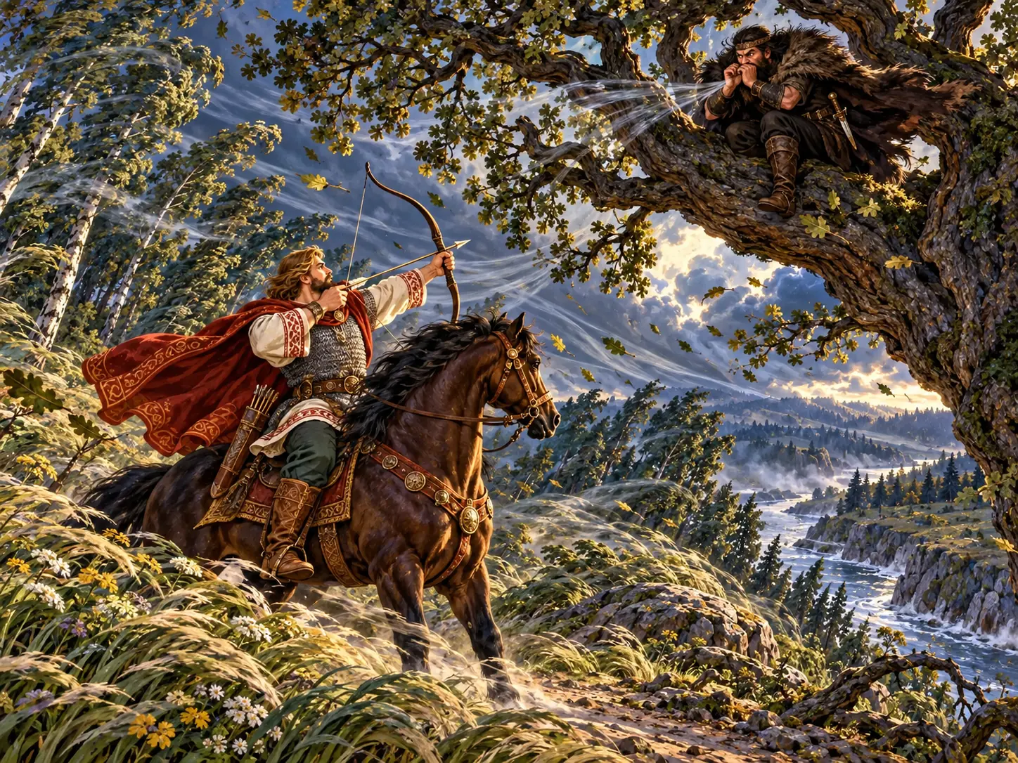 Соловей-разбойник свистит с ветвей старого дуба, а Илья Муромец готовит лук внизу.