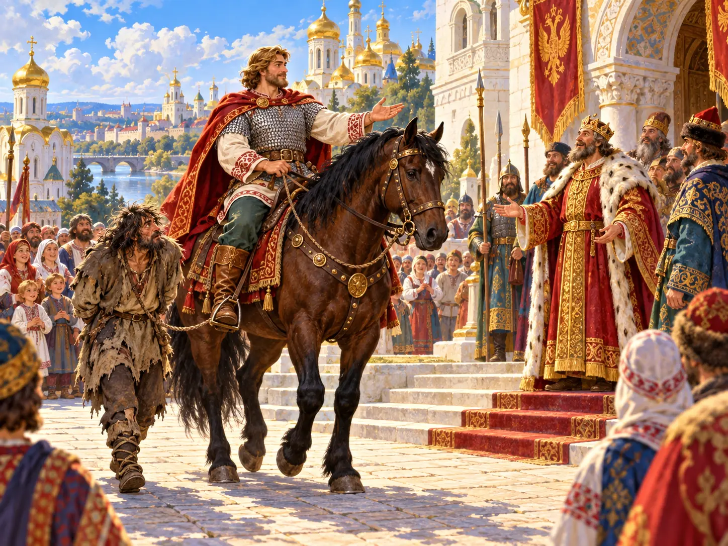 Илья Муромец въезжает верхом на княжеский двор в Киеве с пленённым Соловьём-разбойником.