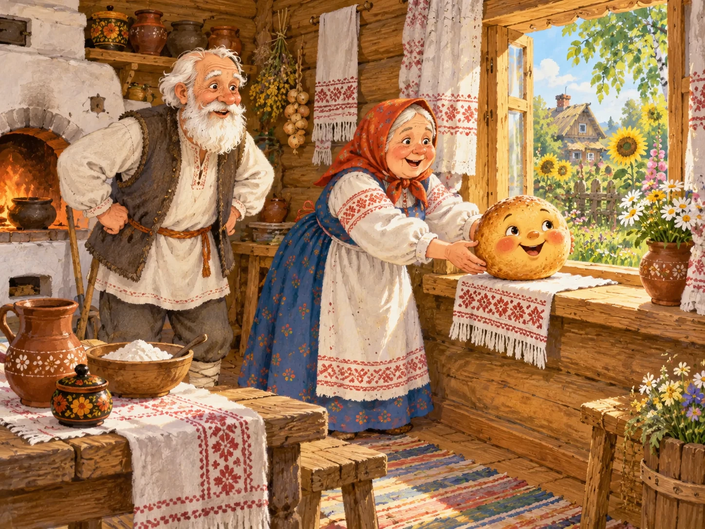 Бабушка ставит испечённого Колобка на окно, а дедушка радуется рядом.