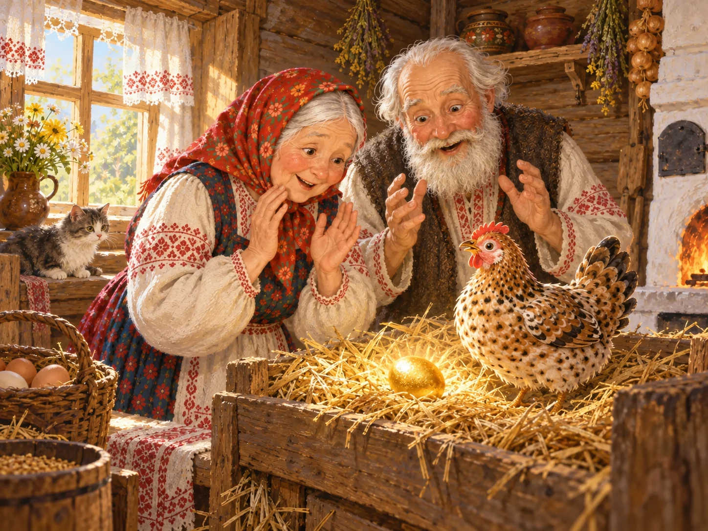 Дед и баба удивляются золотому яйцу, которое снесла курочка Ряба.
