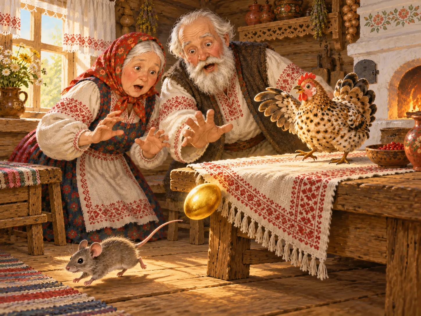 Мышка задевает хвостиком золотое яйцо, и оно катится со стола.