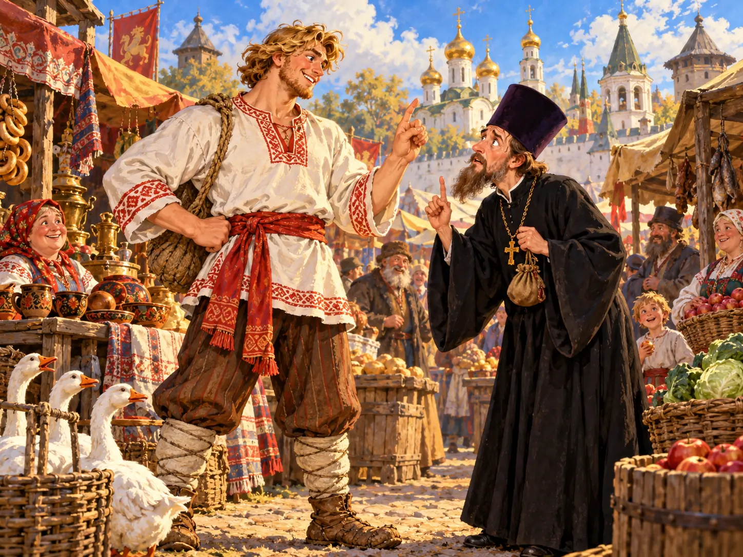 Сильный весёлый Балда договаривается с попом среди торговых рядов старинного базара.