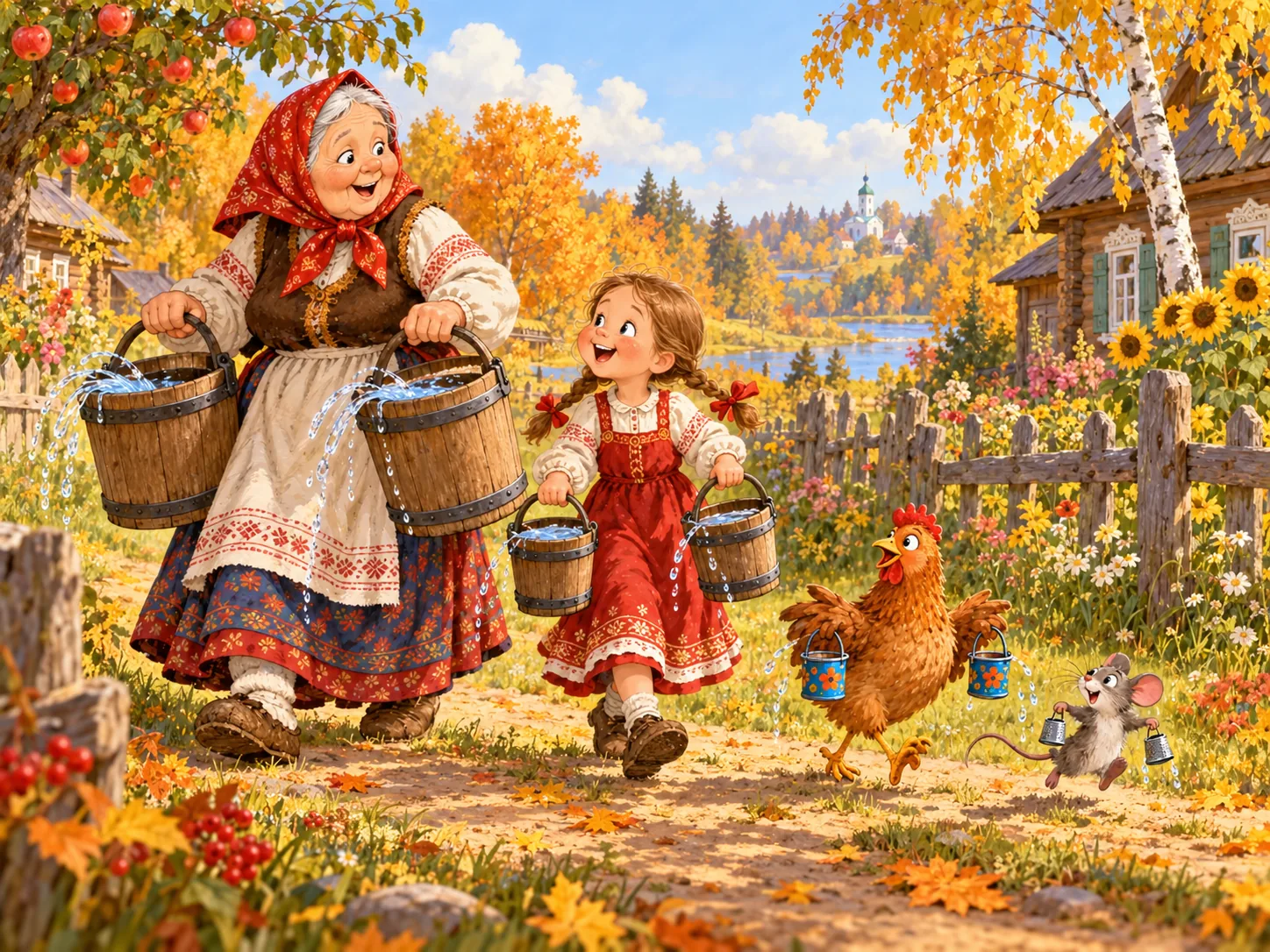 Бабушка, внучка, курочка и мышка несут домой вёдра разного размера.