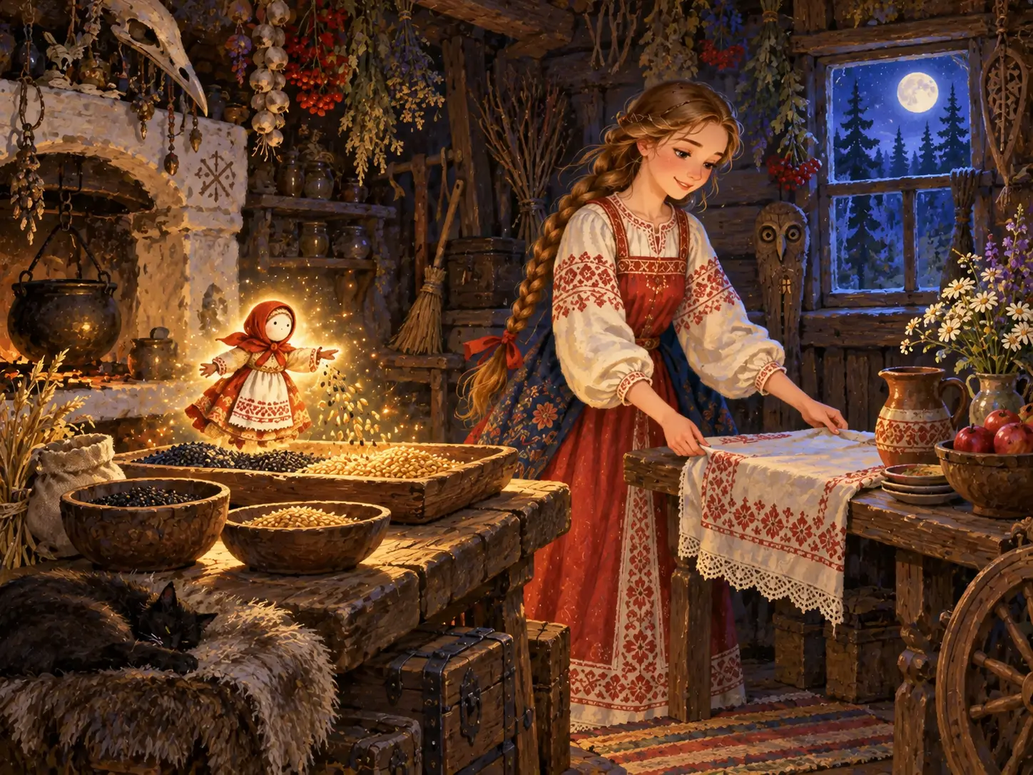 Светящаяся куколка перебирает пшеницу в избе Бабы-яги, пока Василиса готовит стол.